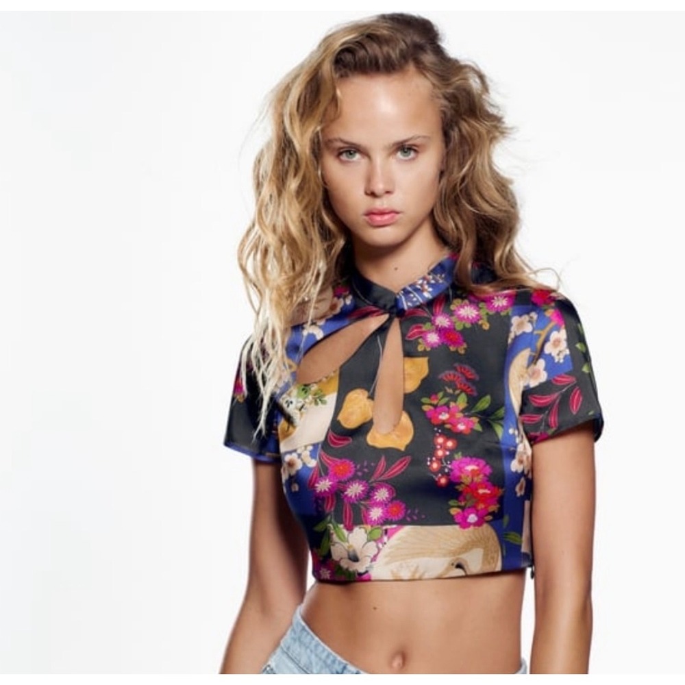 Zara Womens Floral Crane Patchwork Keyhole Crop Top Navy Blue Satin Small